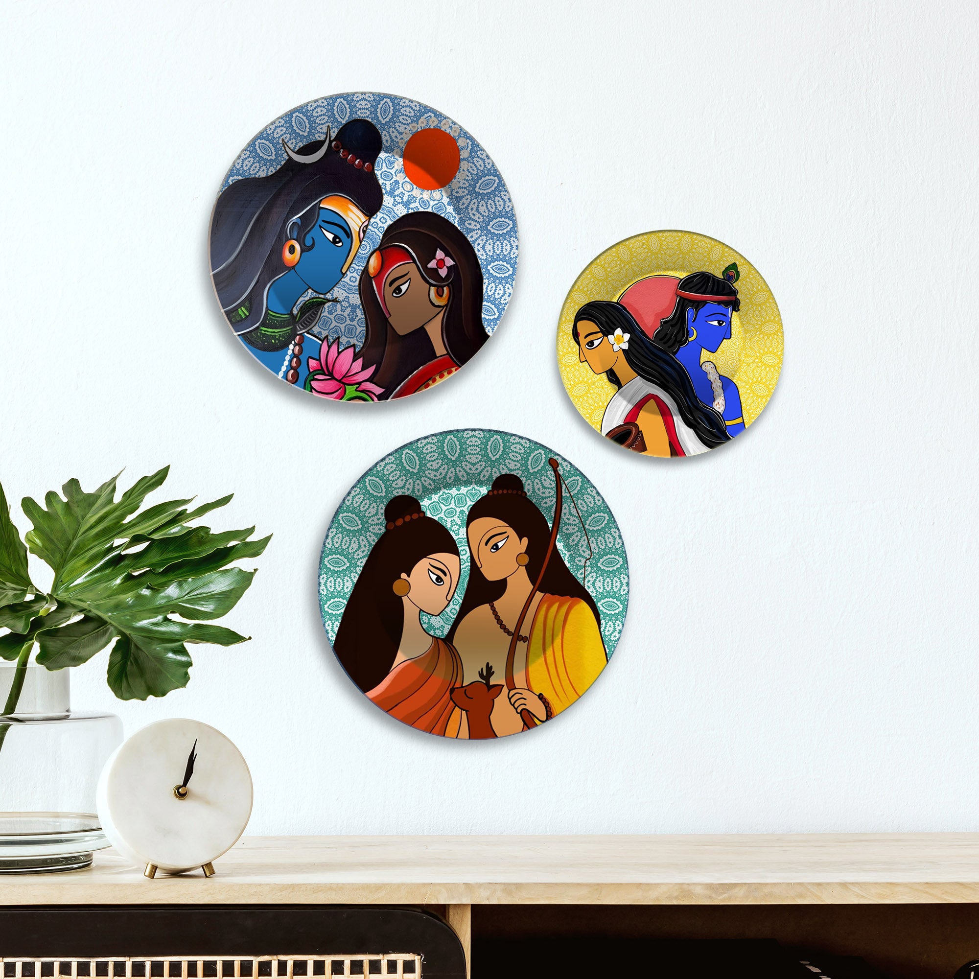 Shiva Parvati Ram Sita & Radha Krishna Premium Wall Plates Painting Set of 3