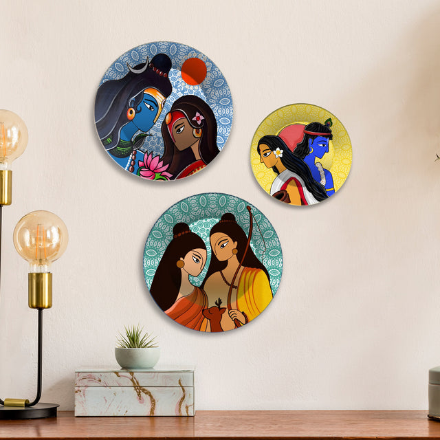 Shiva Parvati Ram Sita & Radha Krishna Premium Wall Plates Painting Set of 3