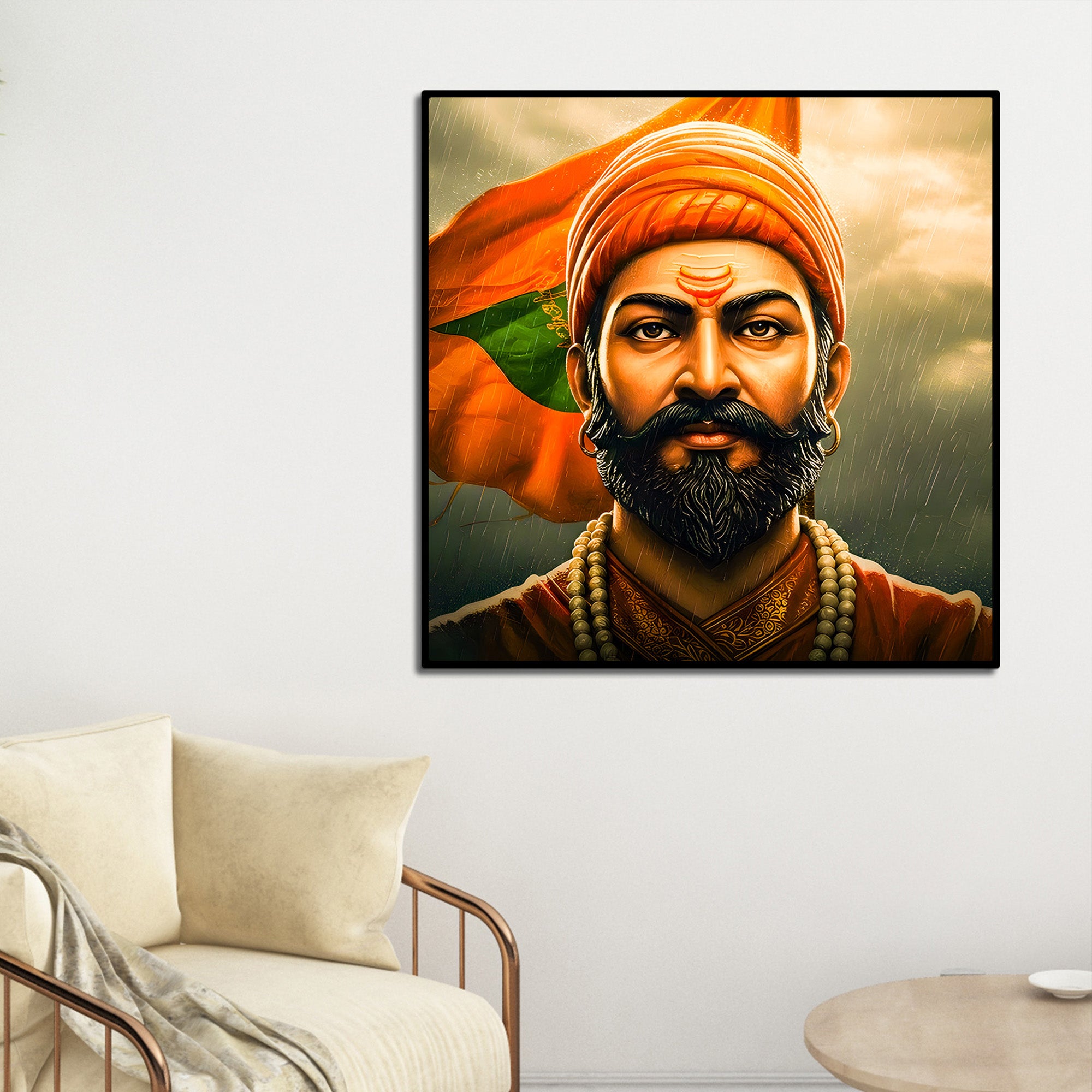 Shivaji Maharaj Saffron Flag Portrait Art Wall Painting