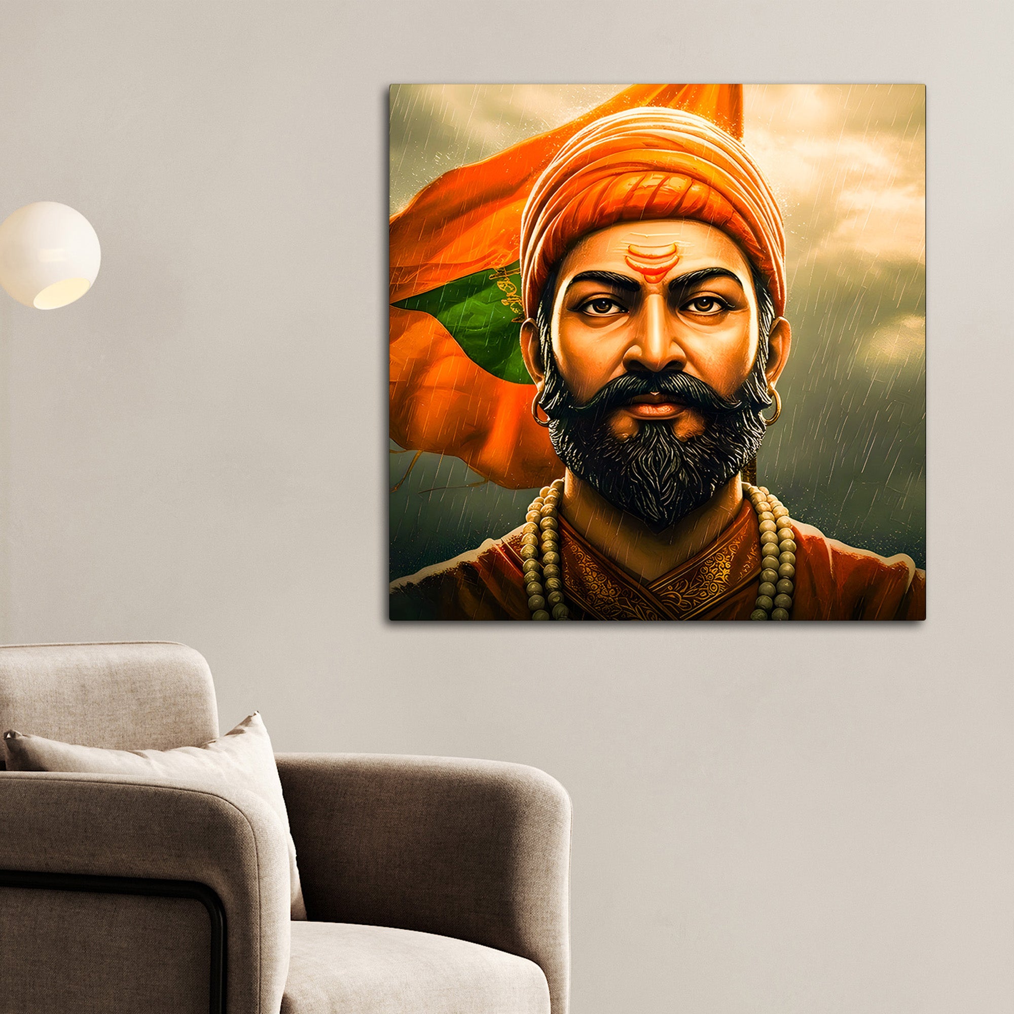 Shivaji Maharaj Saffron Flag Portrait Art Wall Painting
