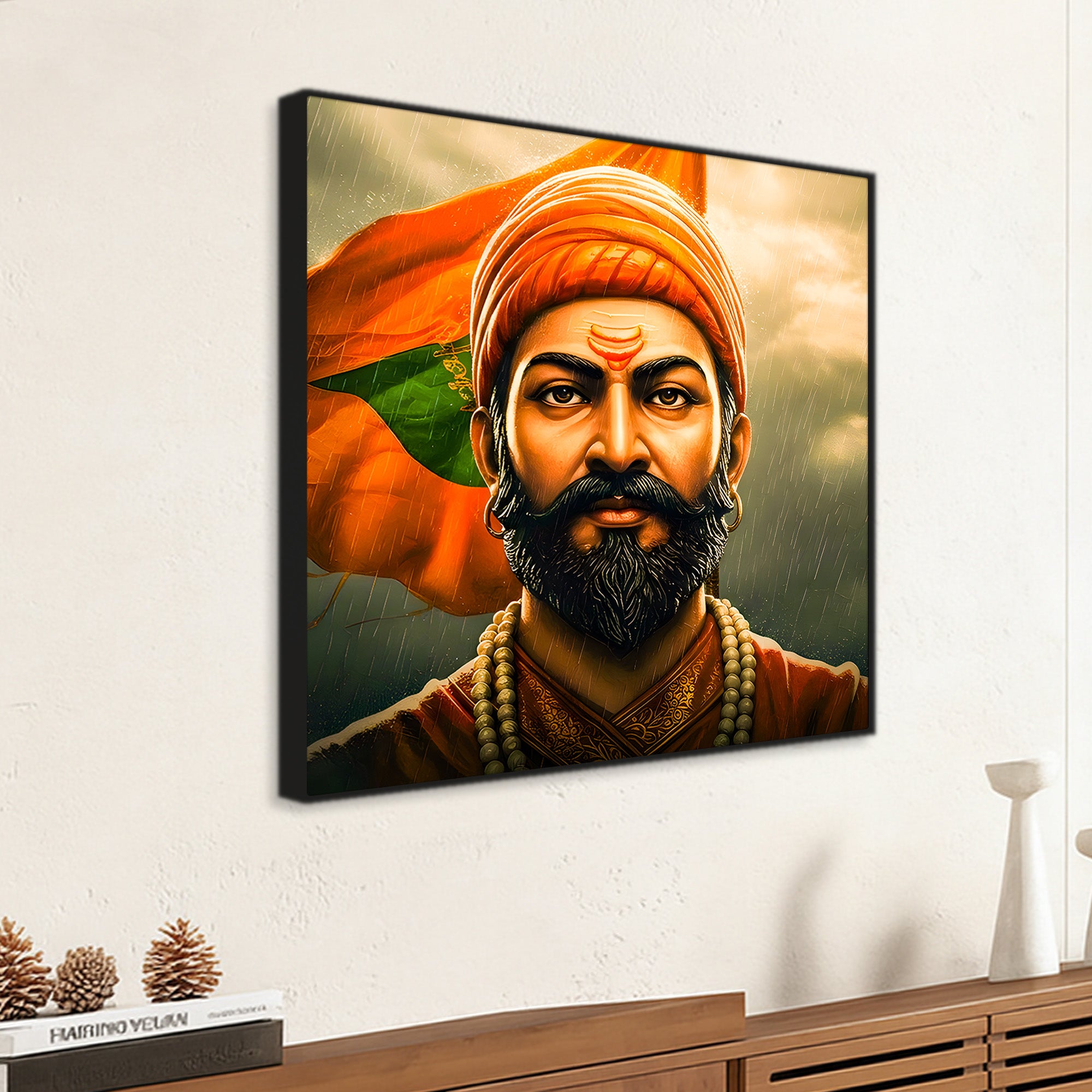 Shivaji Maharaj Saffron Flag Portrait Art Wall Painting