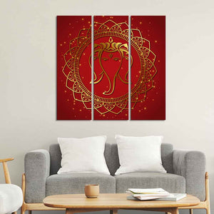 Shree Ganesha Face Canvas Wall Painting of Three Panels