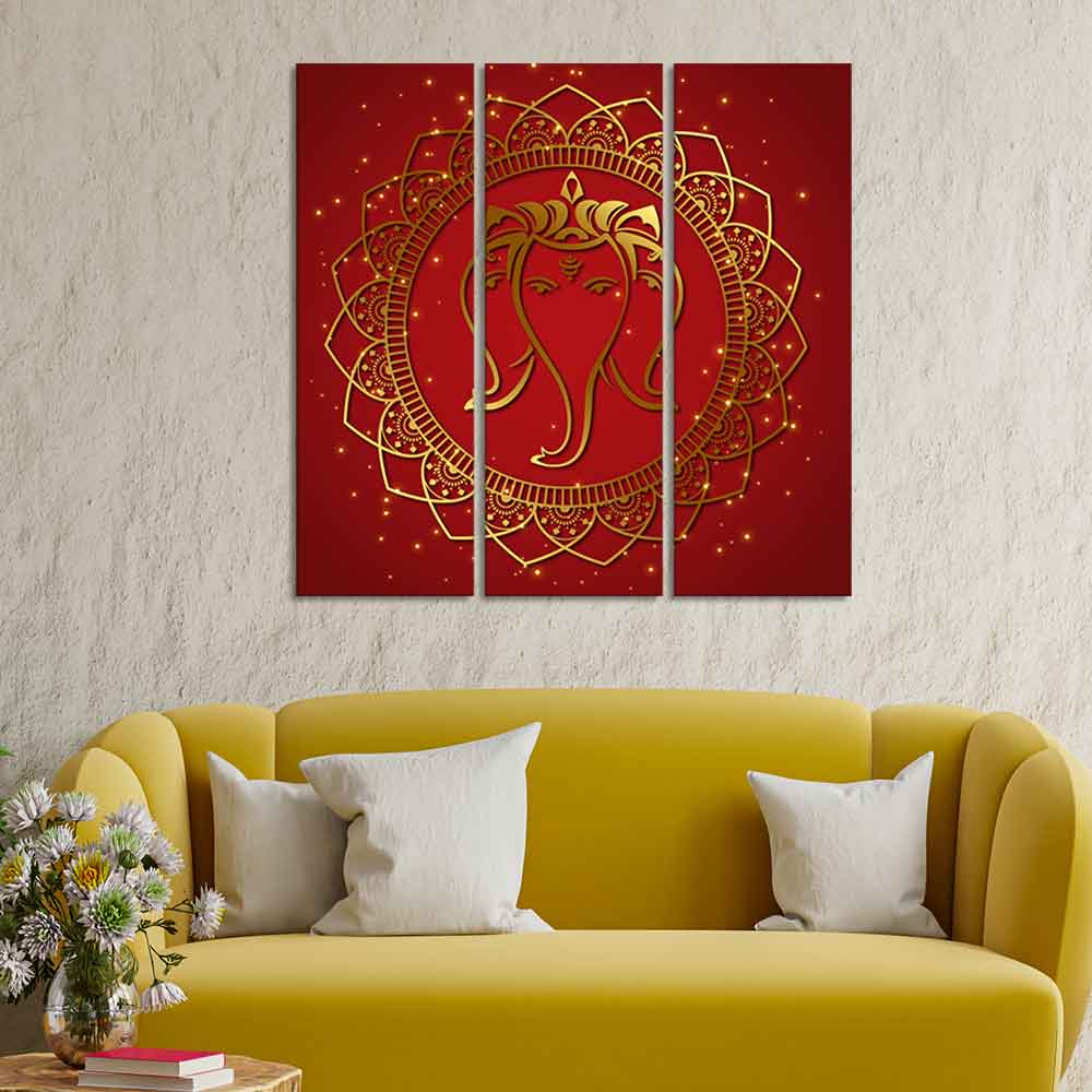 Shree Ganesha Face Canvas Wall Painting of Three Panels