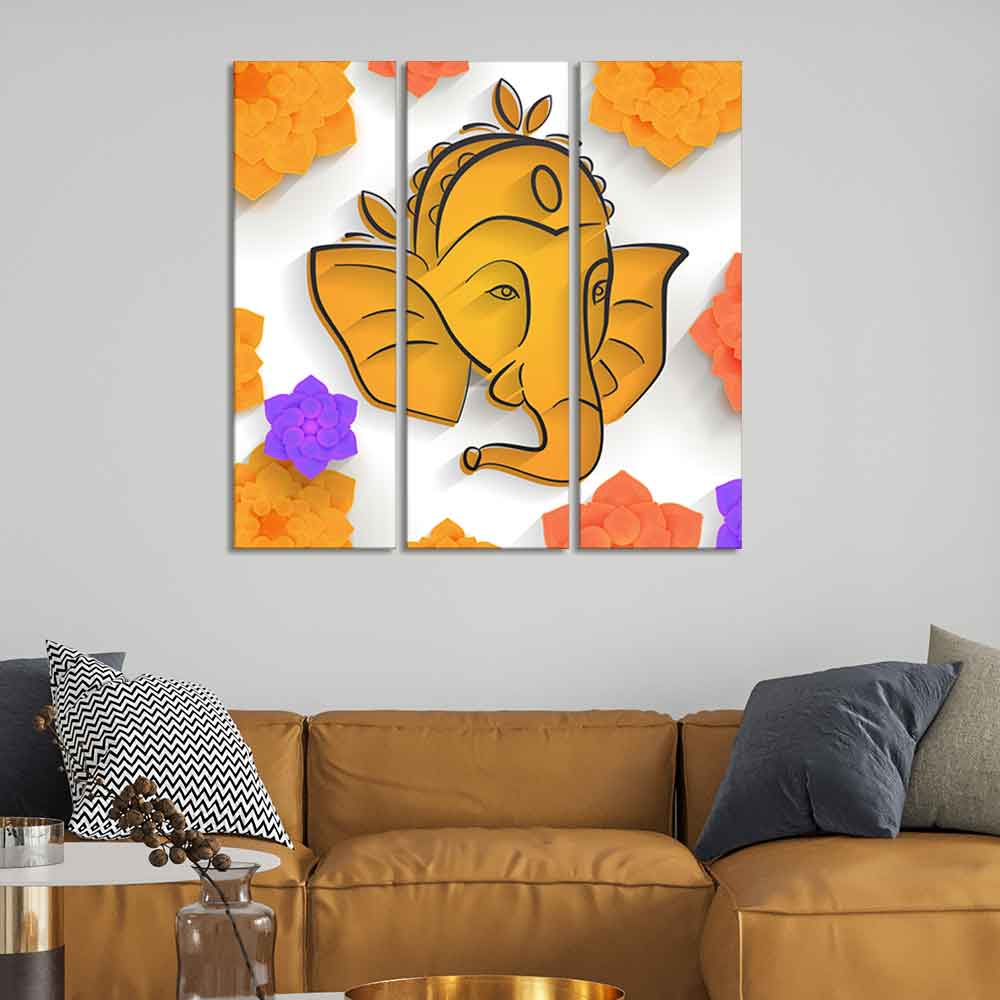 Shree Ganesha Face Canvas Wall Painting of Three Pieces