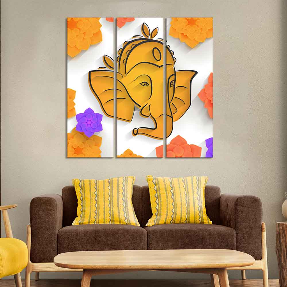 Shree Ganesha Face Canvas Wall Painting of Three Pieces