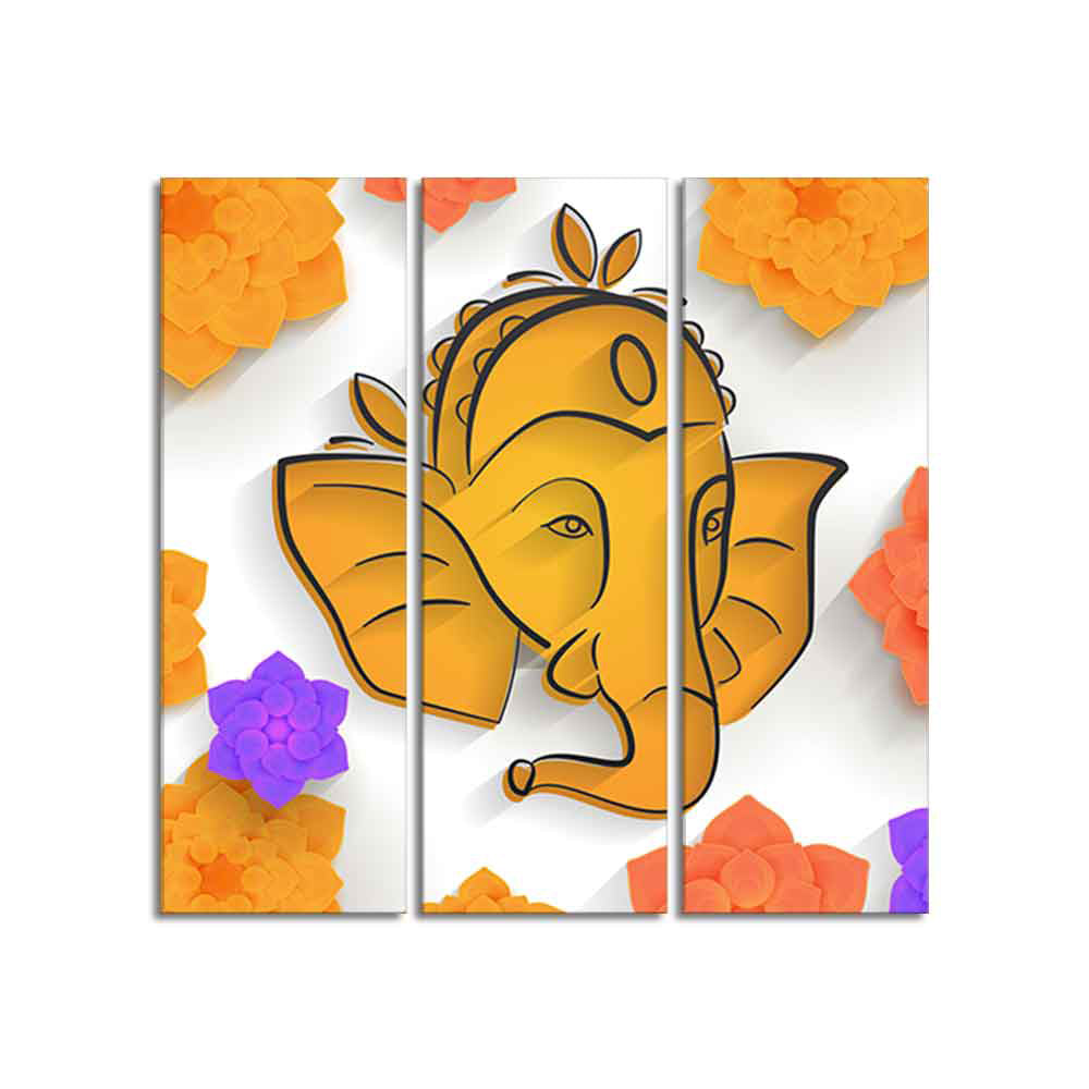 Shree Ganesha Face Canvas Wall Painting of Three Pieces