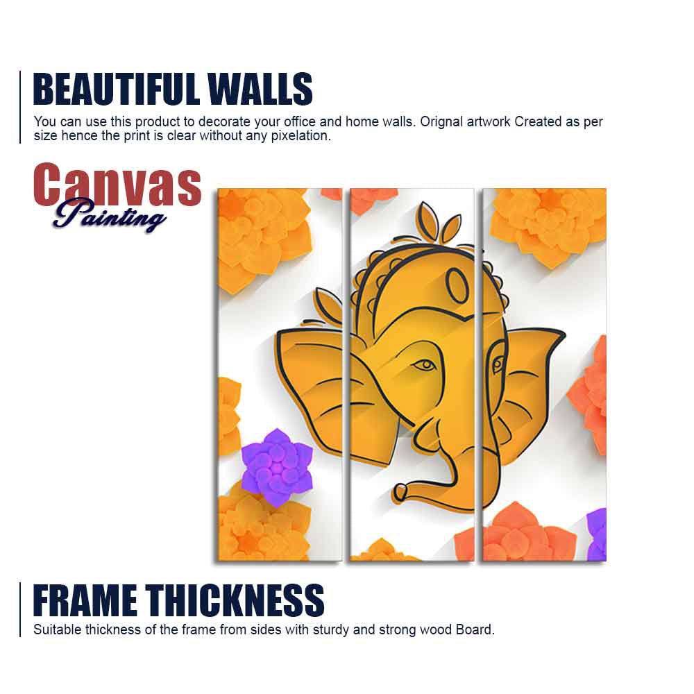 Shree Ganesha Face Canvas Wall Painting of Three Pieces