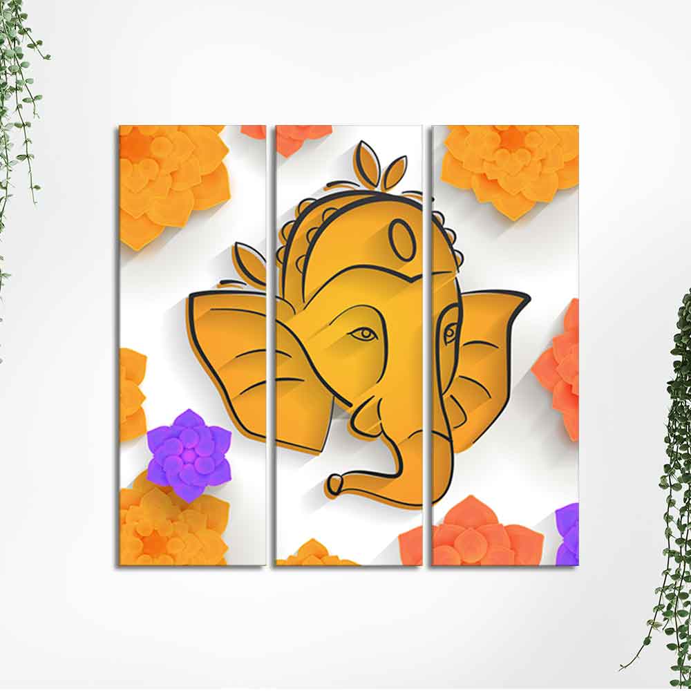 Shree Ganesha Face Canvas Wall Painting of Three Pieces