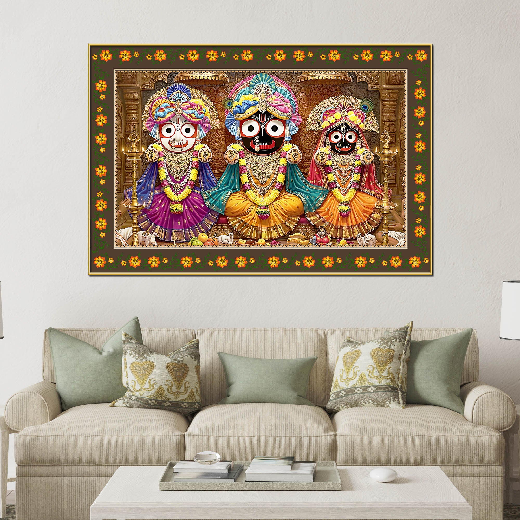 Shree Jagannath Deities Floral Border Canvas Wall Painting