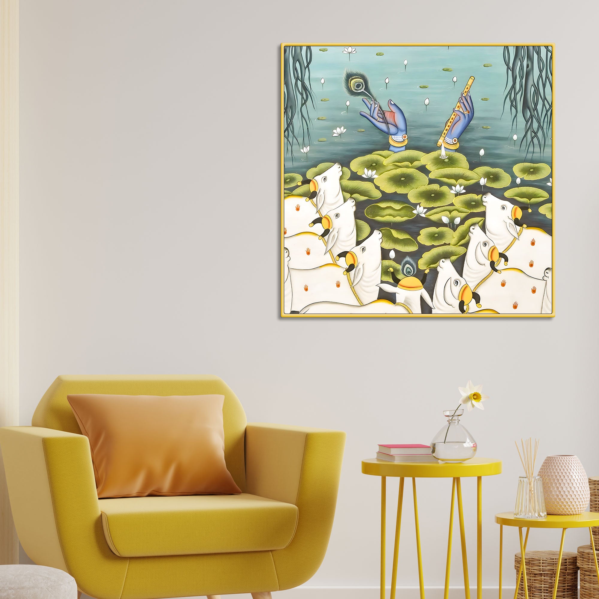 Shree Krishna Kamdhenu Cow Spiritual Pichwai Style Canvas Wall Painting