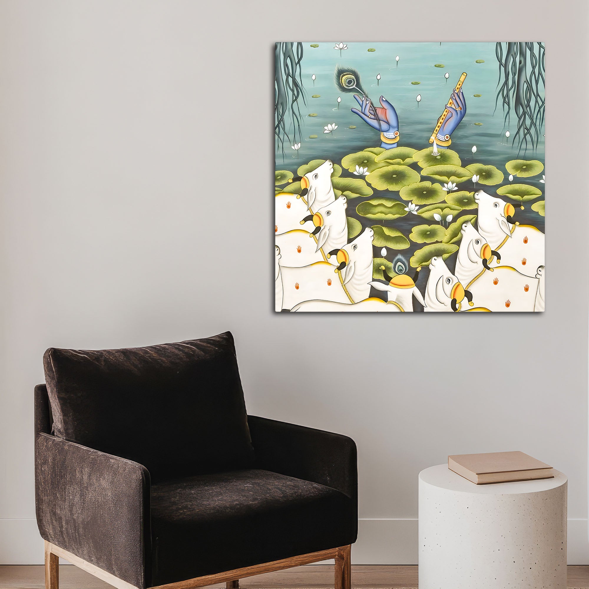 Shree Krishna Kamdhenu Cow Spiritual Pichwai Style Canvas Wall Painting