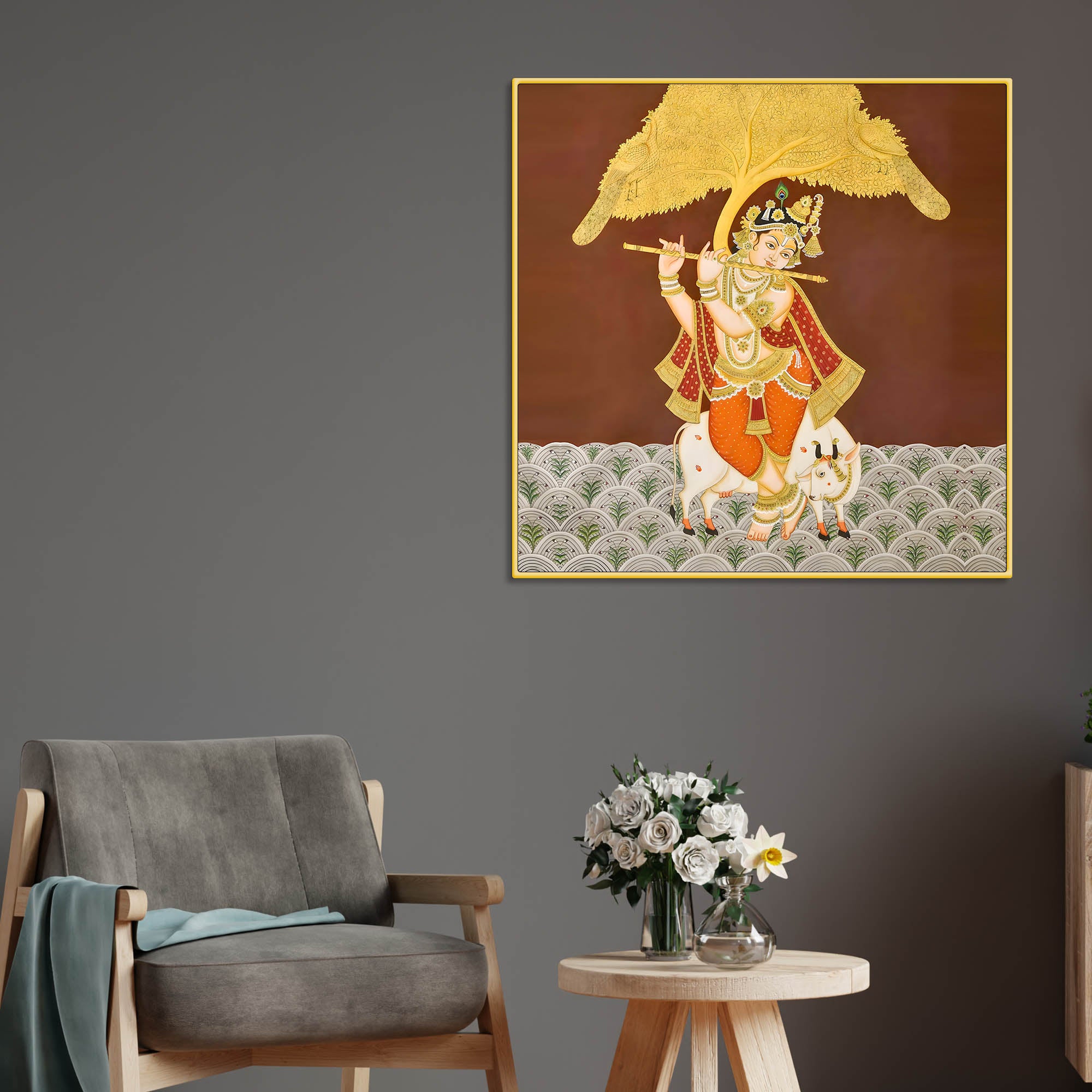Shree Krishna Standing with Cow Devotional Pichwai Canvas Wall Painting