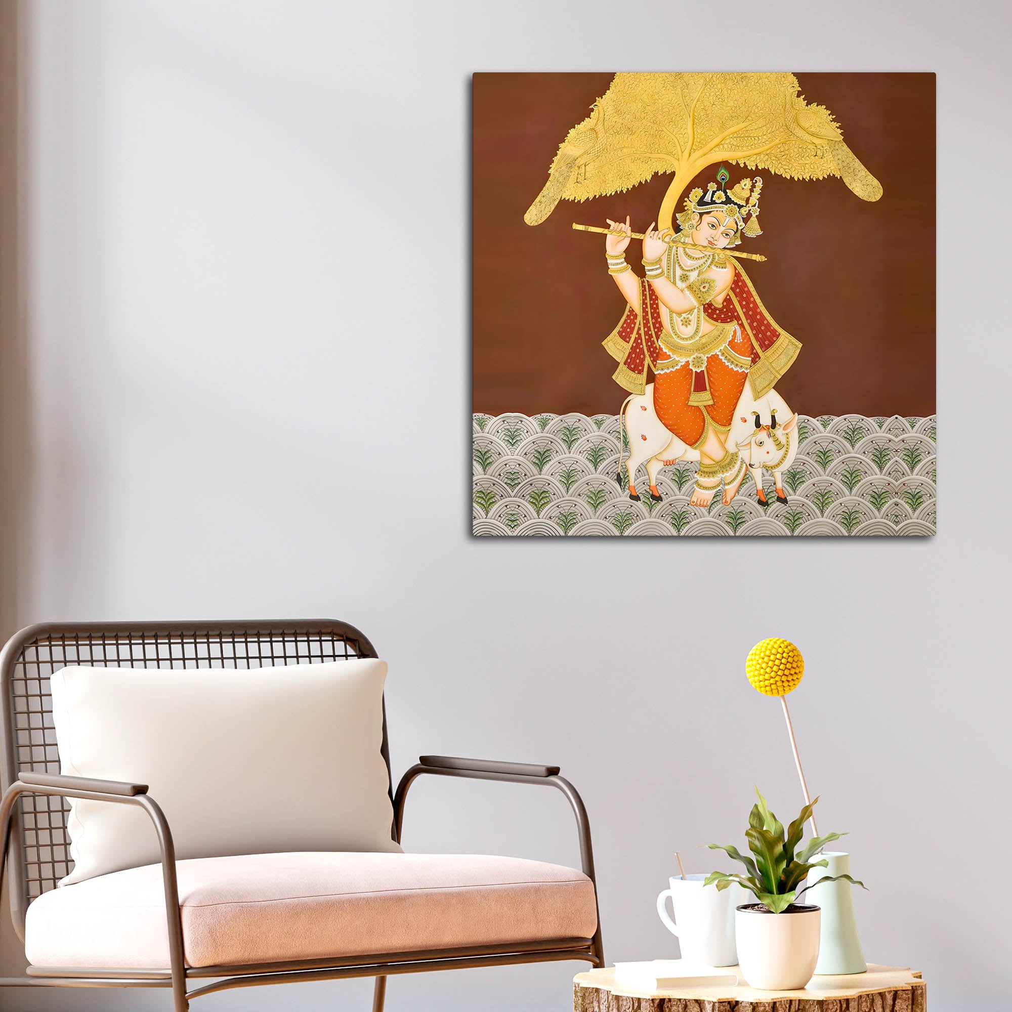 Shree Krishna Standing with Cow Devotional Pichwai Canvas Wall Painting