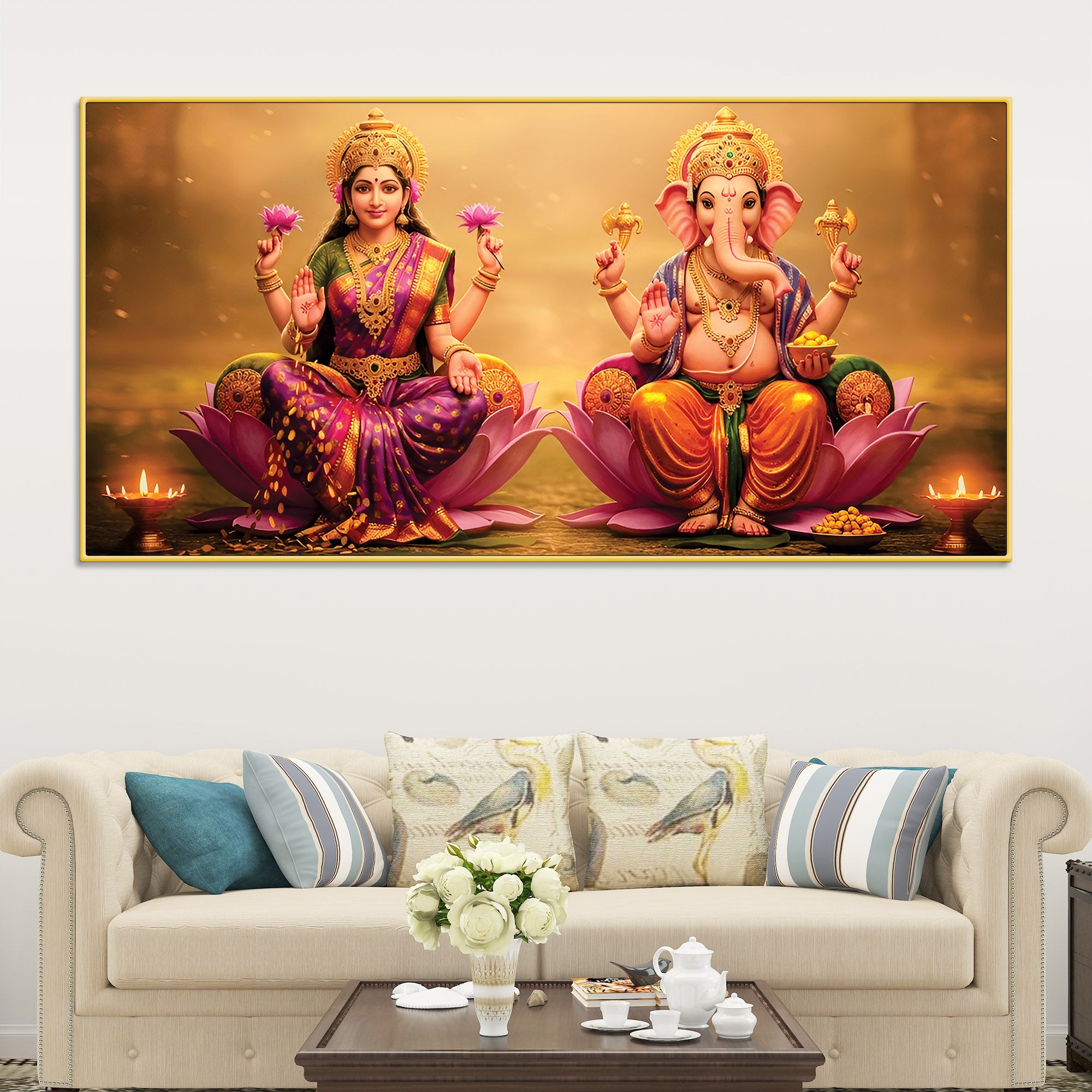 Shree Lakshmi & Ganesh Luxury Canvas Wall Painting for Home & Office – Modern Spiritual Wall Decor