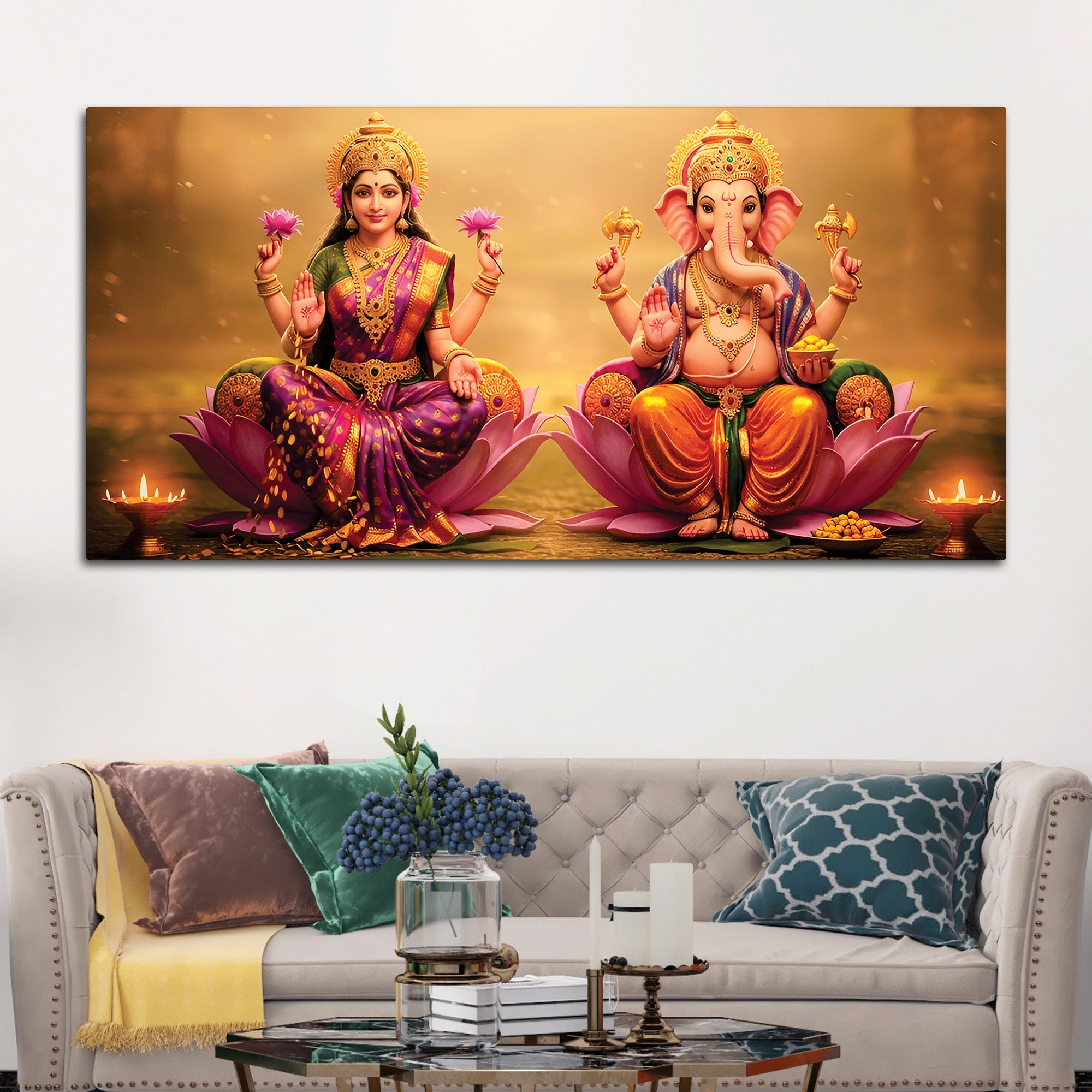 Shree Lakshmi & Ganesh Luxury Canvas Wall Painting for Home & Office – Modern Spiritual Wall Decor