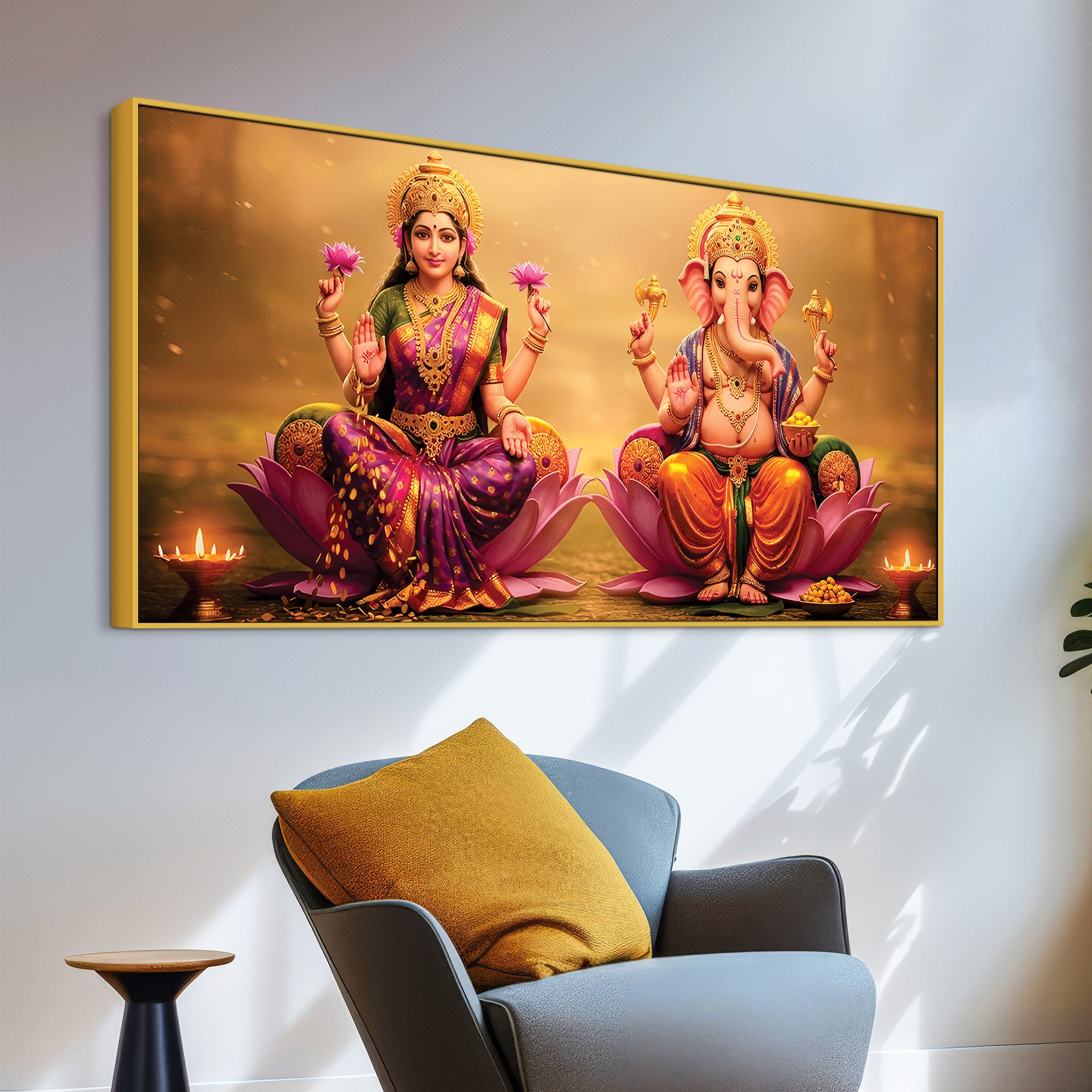Shree Lakshmi & Ganesh Luxury Canvas Wall Painting for Home & Office – Modern Spiritual Wall Decor
