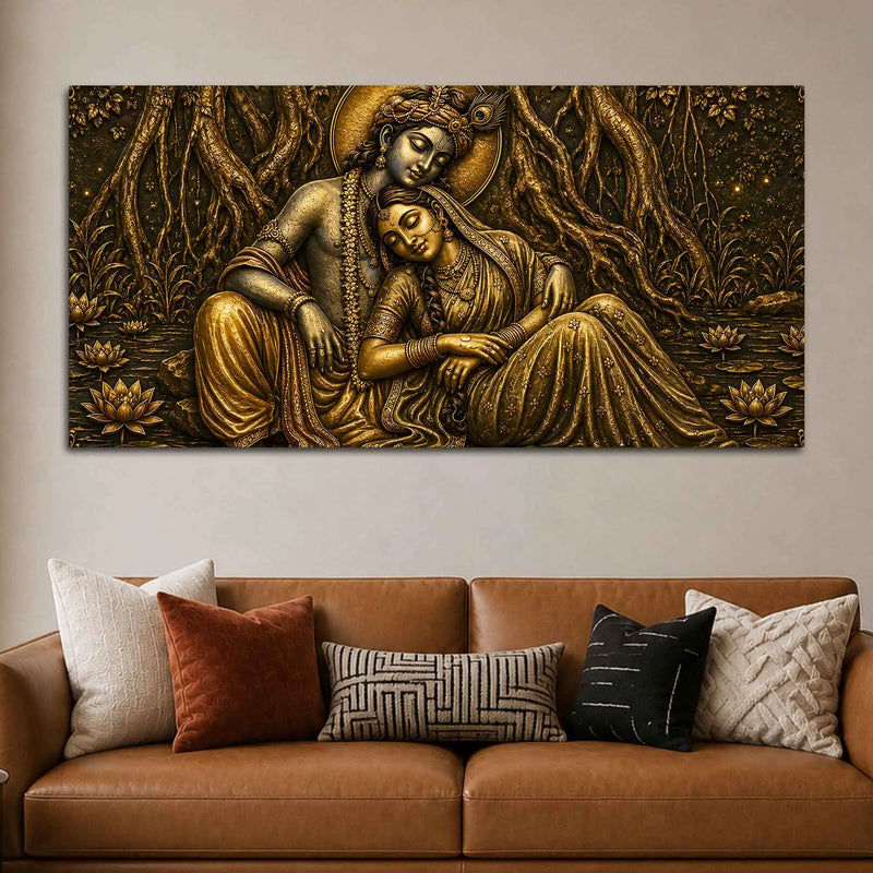Shree Radha Krishna Divine Love Metallic Look 3D Canvas Wall Painting