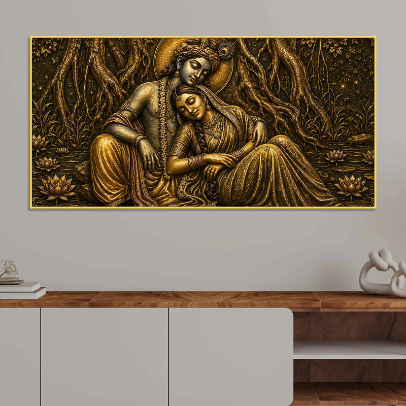 Shree Radha Krishna Divine Love Metallic Look 3D Canvas Wall Painting