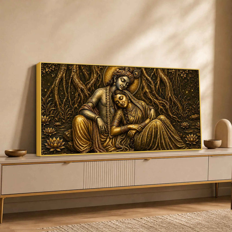 Shree Radha Krishna Divine Love Metallic Look 3D Canvas Wall Painting