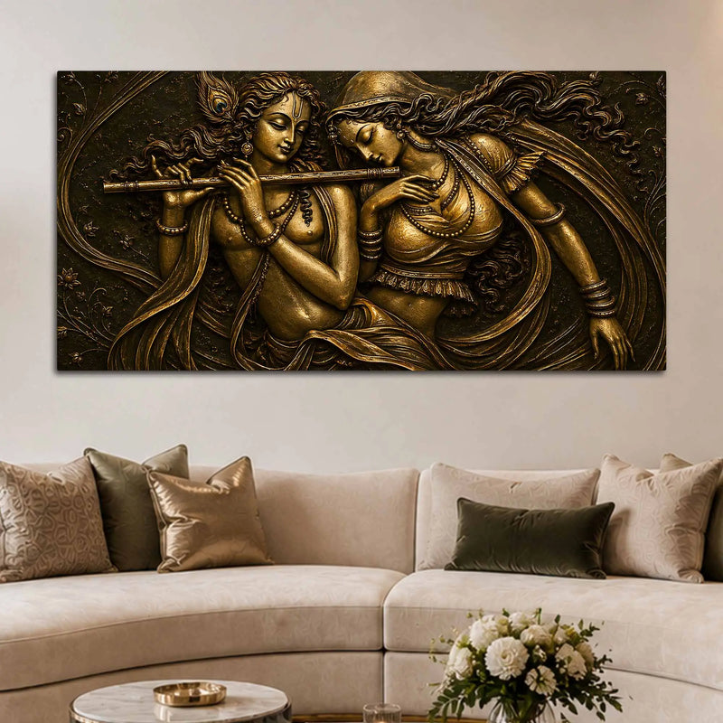 Shree Radha Krishna Divine Melody Metallic Look 3D Canvas Wall Painting