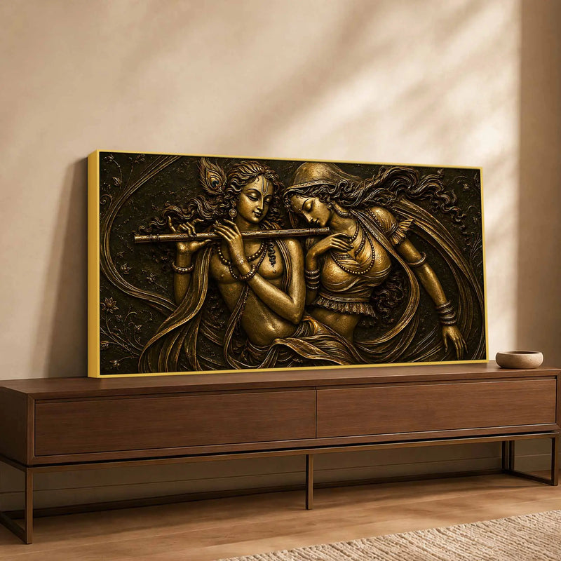 Shree Radha Krishna Divine Melody Metallic Look 3D Canvas Wall Painting