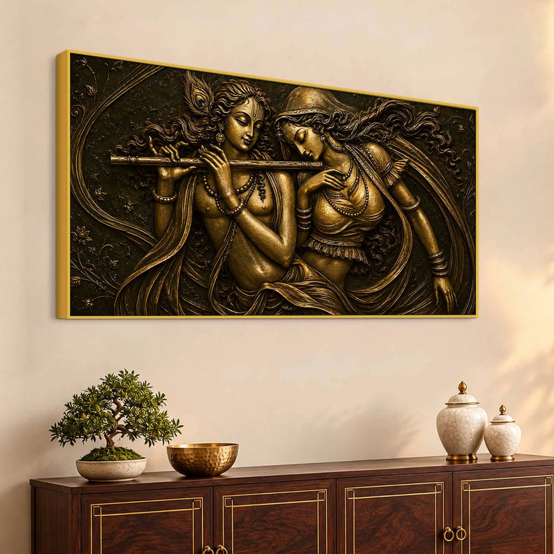 Shree Radha Krishna Divine Melody Metallic Look 3D Canvas Wall Painting