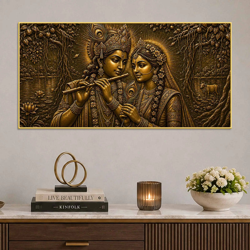 Shree Radha Krishna Eternal Bond Metallic Look 3D Canvas Wall Painting