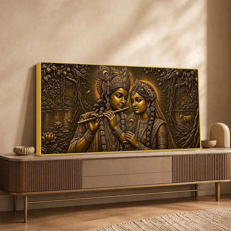 Shree Radha Krishna Eternal Bond Metallic Look 3D Canvas Wall Painting