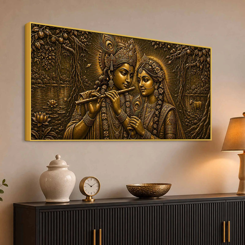 Shree Radha Krishna Eternal Bond Metallic Look 3D Canvas Wall Painting