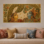 Shree Radha Krishna Under Peacock Feather Leaves Embroidery Tanjore Style 3D Canvas Painting