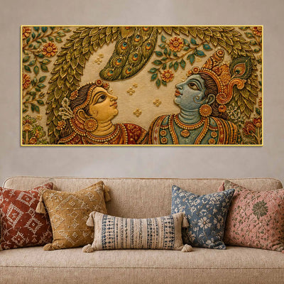Shree Radha Krishna Under Peacock Feather Leaves Embroidery Tanjore Style 3D Canvas Painting