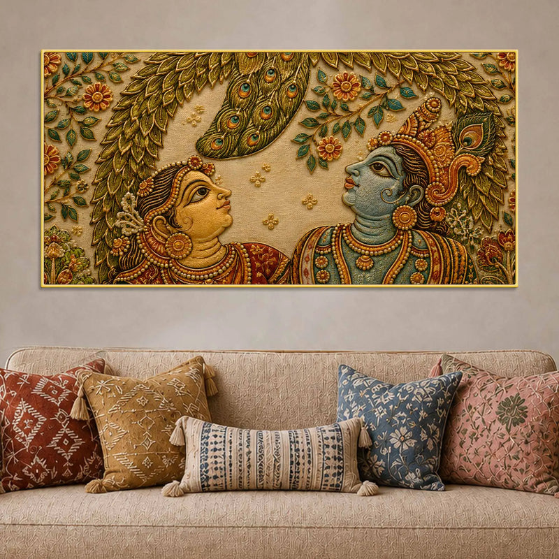 Shree Radha Krishna Under Peacock Feather Leaves Embroidery Tanjore Style 3D Canvas Painting