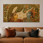 Shree Radha Krishna Under Peacock Feather Leaves Embroidery Tanjore Style 3D Canvas Painting