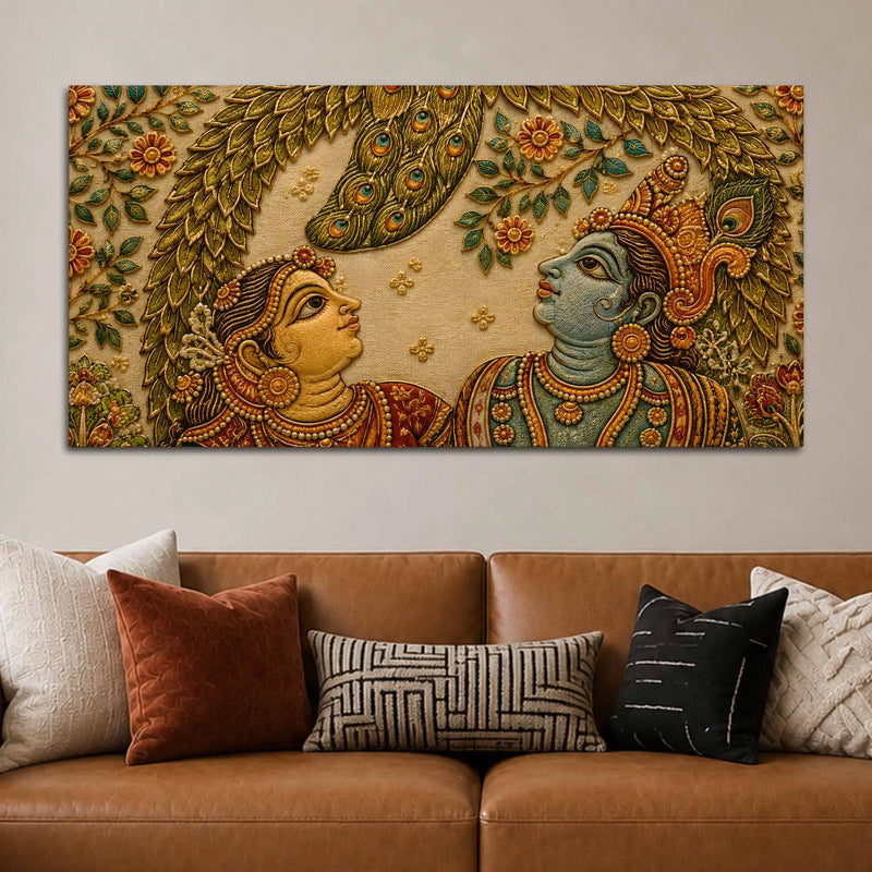 Shree Radha Krishna Under Peacock Feather Leaves Embroidery Tanjore Style 3D Canvas Painting
