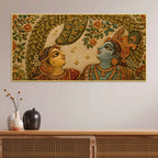 Shree Radha Krishna Under Peacock Feather Leaves Embroidery Tanjore Style 3D Canvas Painting