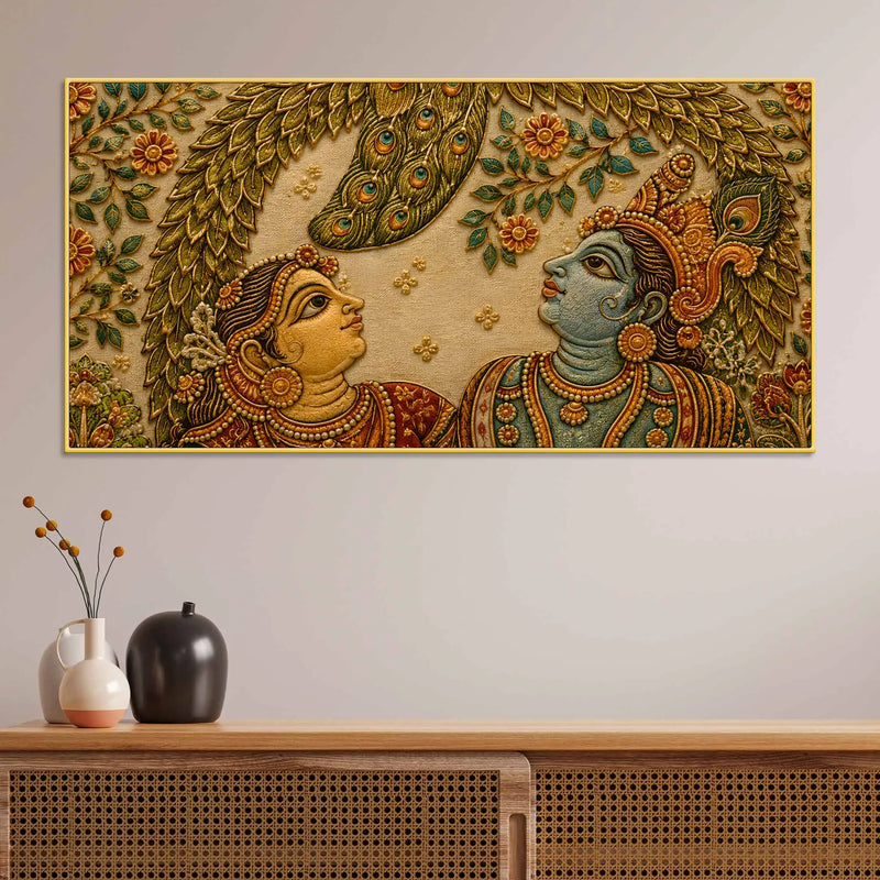 Shree Radha Krishna Under Peacock Feather Leaves Embroidery Tanjore Style 3D Canvas Painting