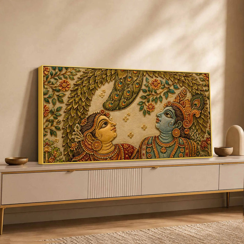 Shree Radha Krishna Under Peacock Feather Leaves Embroidery Tanjore Style 3D Canvas Painting