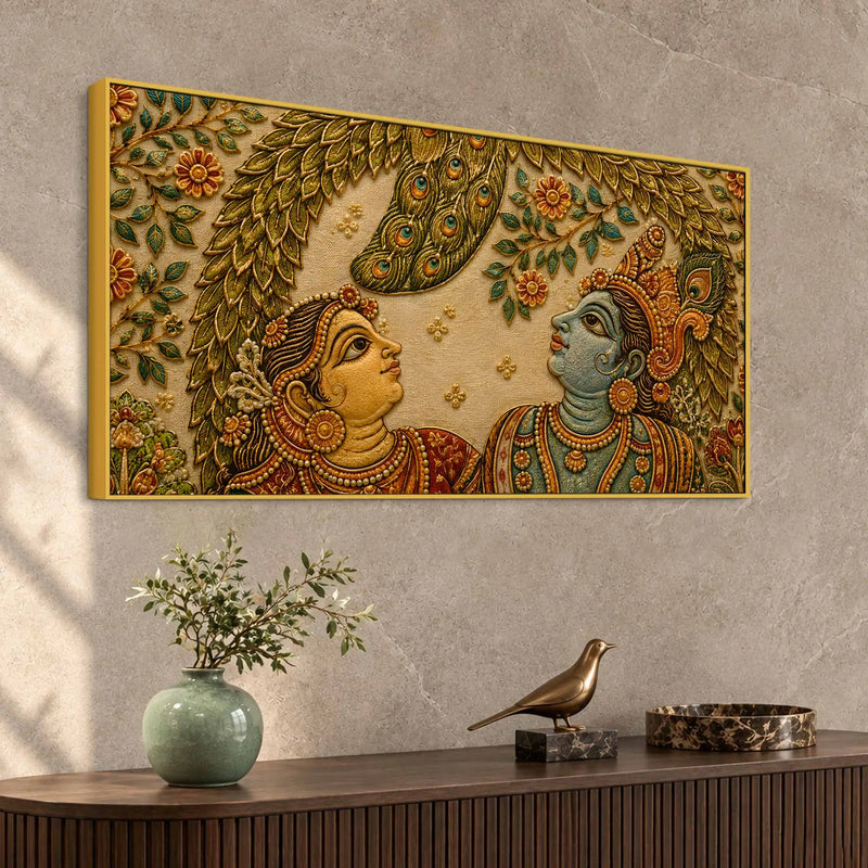 Shree Radha Krishna Under Peacock Feather Leaves Embroidery Tanjore Style 3D Canvas Painting