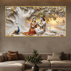 Shree Radha Krishna Under Sacred Tree with Peacocks 3D Canvas Wall Painting