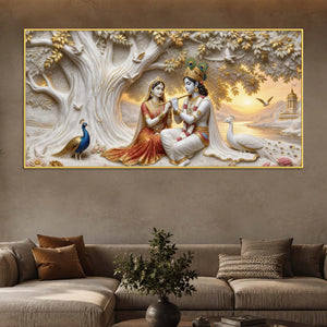 Shree Radha Krishna Under Sacred Tree with Peacocks 3D Canvas Wall Painting