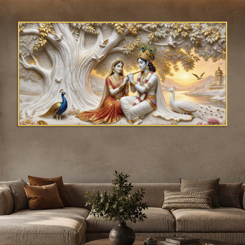 Shree Radha Krishna Under Sacred Tree with Peacocks 3D Canvas Wall Painting