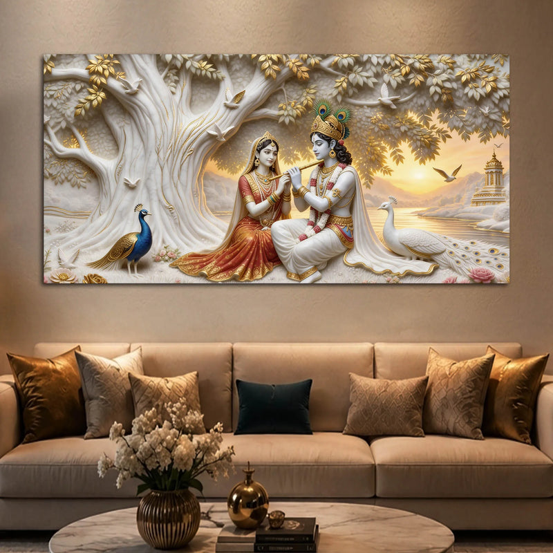 Shree Radha Krishna Under Sacred Tree with Peacocks 3D Canvas Wall Painting