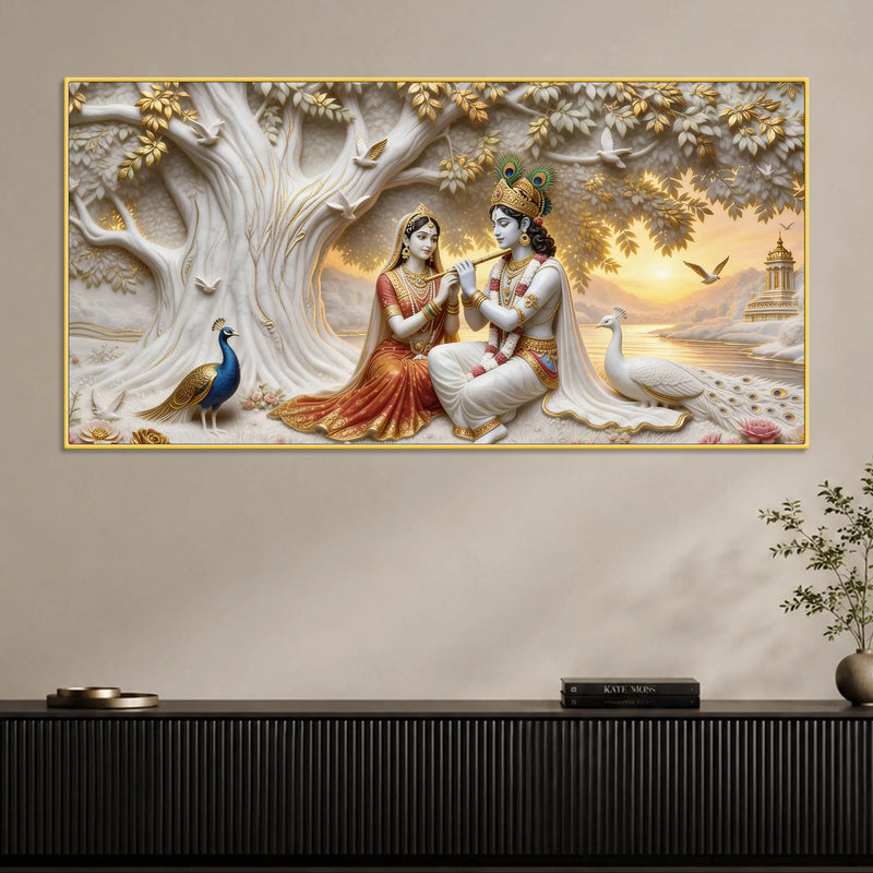 Shree Radha Krishna Under Sacred Tree with Peacocks 3D Canvas Wall Painting
