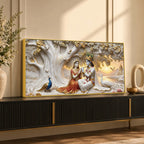 Shree Radha Krishna Under Sacred Tree with Peacocks 3D Canvas Wall Painting