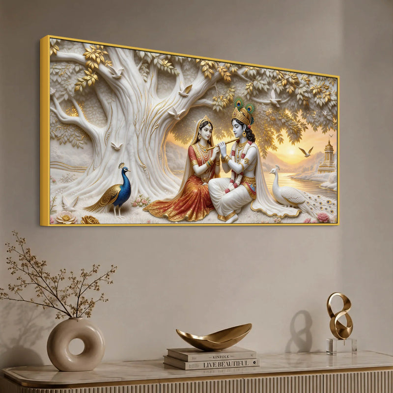 Shree Radha Krishna Under Sacred Tree with Peacocks 3D Canvas Wall Painting