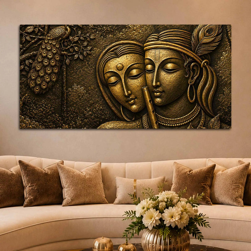 Shree Radha Krishna with Flute & Peacock Metallic Look 3D Canvas Wall Painting