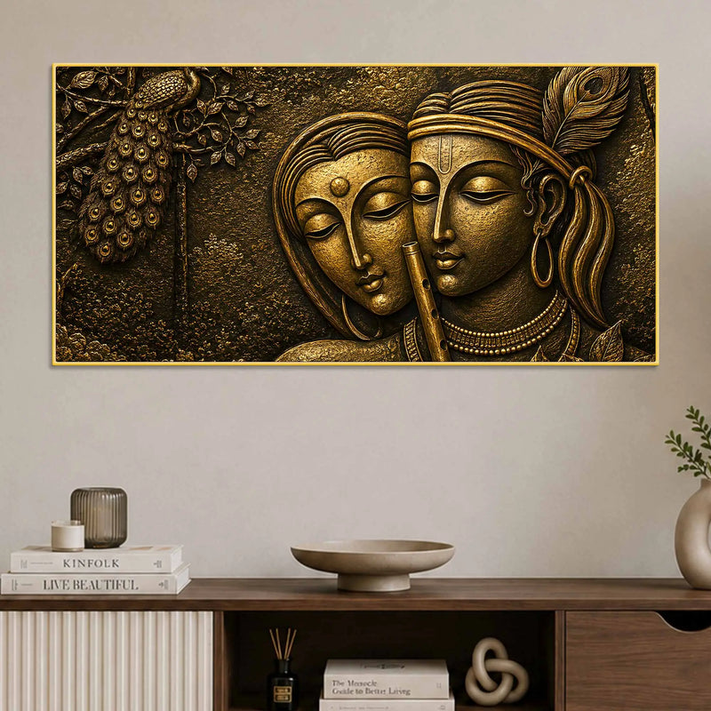 Shree Radha Krishna with Flute & Peacock Metallic Look 3D Canvas Wall Painting