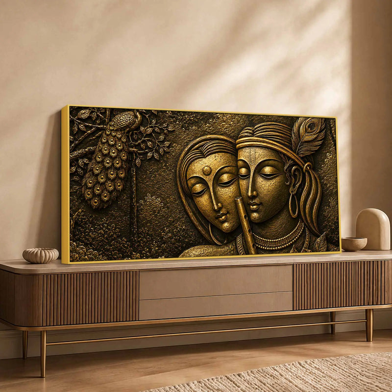 Shree Radha Krishna with Flute & Peacock Metallic Look 3D Canvas Wall Painting
