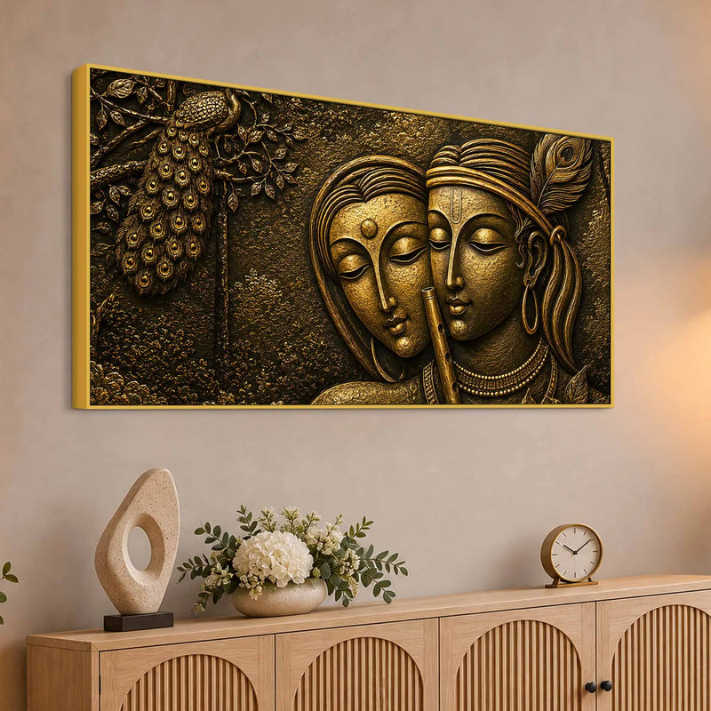 Shree Radha Krishna with Flute & Peacock Metallic Look 3D Canvas Wall Painting