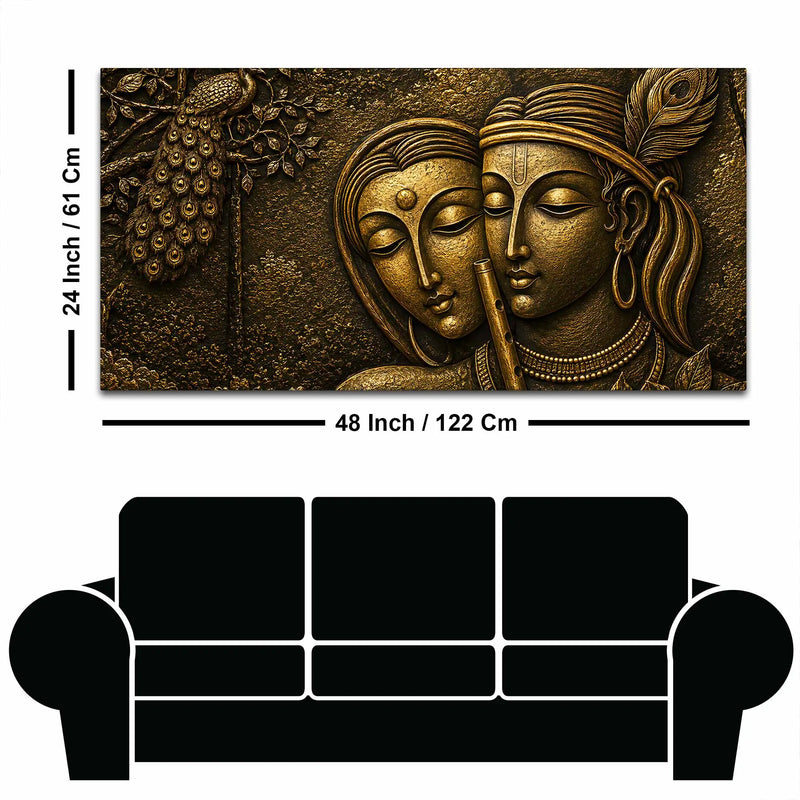 Shree Radha Krishna with Flute & Peacock Metallic Look 3D Canvas Wall Painting